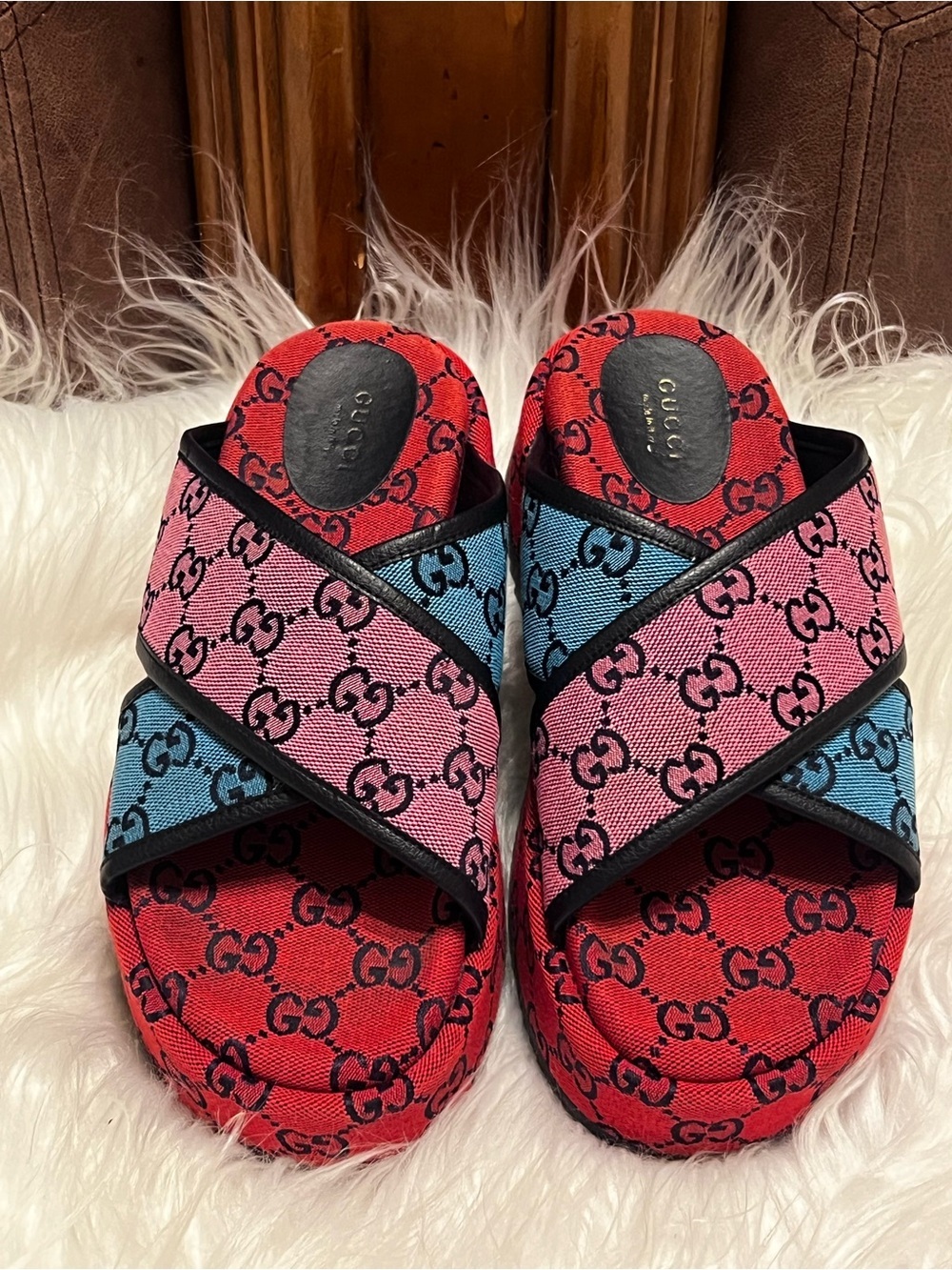 Gucci Angelina GG Logo Multicolor canvas Slides Sandals EU 38.5 US 8.5-9